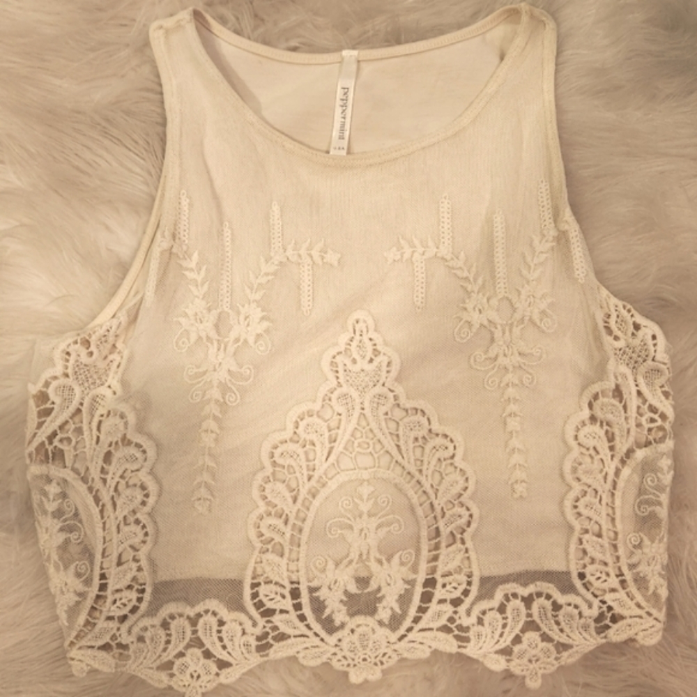 Peppermint Cream Lace Crochet Crop Top Tank